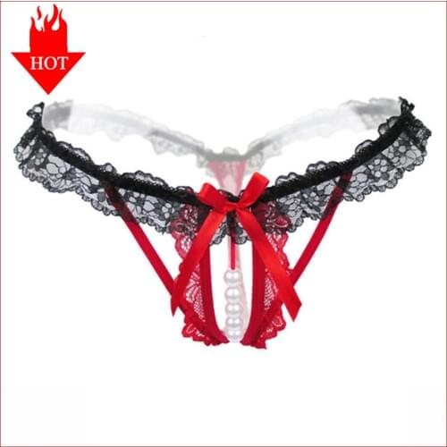 Plus Size Sexy Crotchless With Pearl Lace Bow Underwear Womens G-String Hot Erotic Women Lingerie Thongs Briefs Seamless Tangas