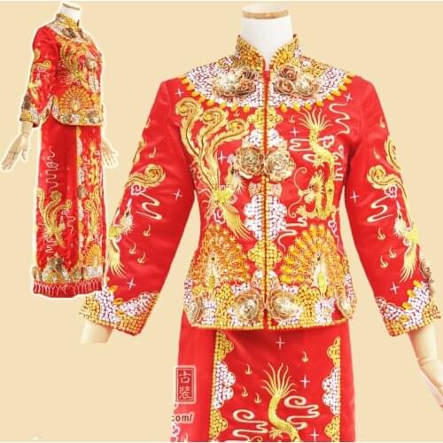 3D Peony Beading Embroidery Phoenix Dragon Traditional Chinese Wedding Hanfu Bride Costume Xiu He Fu for TV Play or Photography