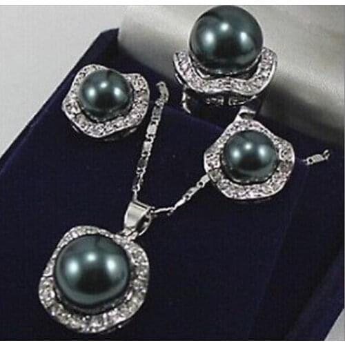 Fashion jewelry Silver Black Shell Pearl Pendant Earring Ring Set AAA style 100% Natural