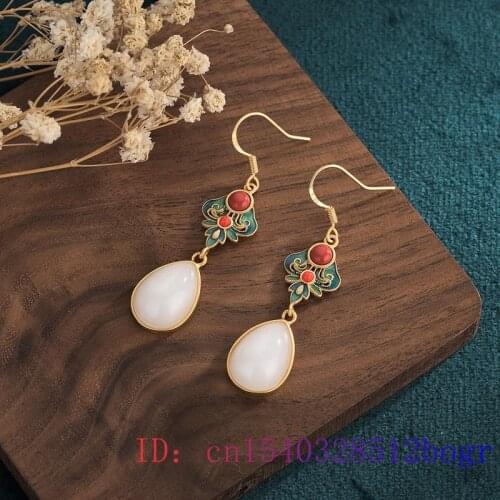 White Jade Water drop Earring Women Natural Zircon Gifts Gemstone Chalcedony Charm Amulet Crystal Jewelry Fashion 925 Silver