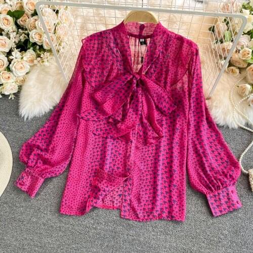 Summer new printing temperament lotus leaf crop top women Single-breasted bow tie temperament crop tops Long sleeve crop top