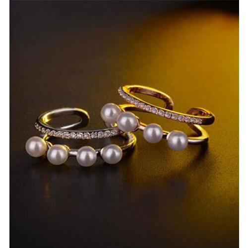 925 Sterling Silver Elegant Zircon Engagement Double Layer Ring With Four Pearls Fashion Party Jewelry Gift S-R241