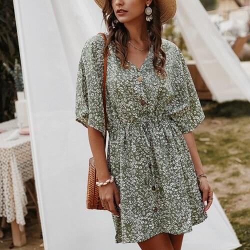 Women Dress Floral Print Drawstring 3 Colors Ladies Half Sleeve Loose Dress for Going Out