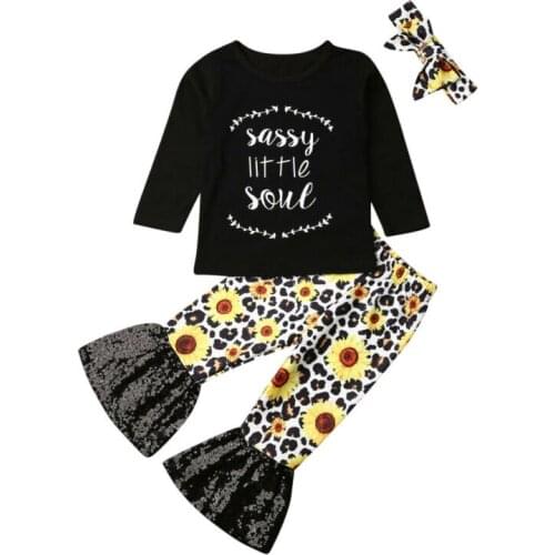 2020 Imcute 3pcs Set Toddler Baby Kids Girl Clothes Long Sleeve T shirt Tops Sunflower Flares Pants Headband Outfits Autumn Set