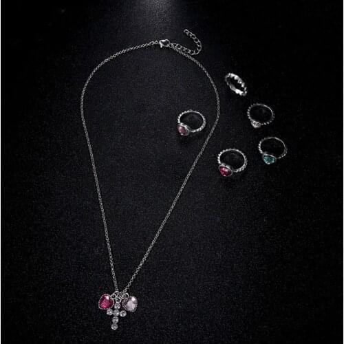 6Pc Bohemin Retro Colorful Heart Crystal Ring Cross Pendant Necklace Jewerly Set 667E