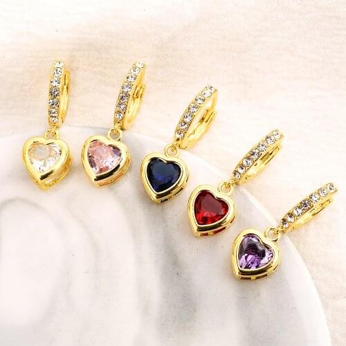 Bangrui Gold CZ Crystal Heart Colored Stones Earrings Women/Girls African Gift Fashion Wedding Party Jewelry Drop Earring