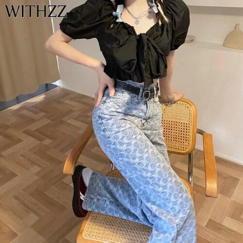WITHZZ Spring Summer Womans Loose Straight Printed Wide Leg Pants Vintage Jacquard Denim Female Jeans