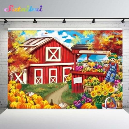 Autumn Blessing Pumpkin Thanksgiving Party Backdrop Farm Barn Maple Leaves Sunflowera Scarecrow Kids Baby Birthday Background