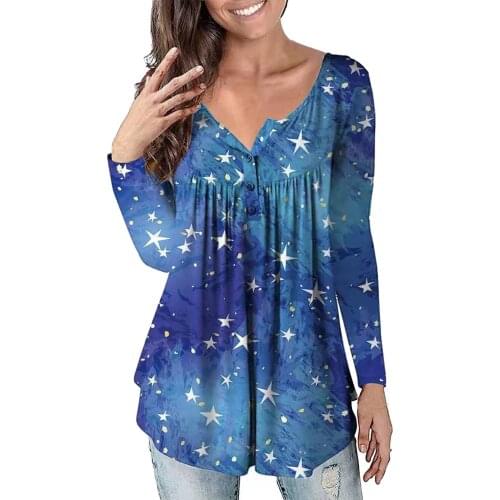 Spring Womens 2021 T-shirt and Summer New Fashion Vintage Printed Sleeve V-neck Long T-shirt Casual Plus Size Top Soft