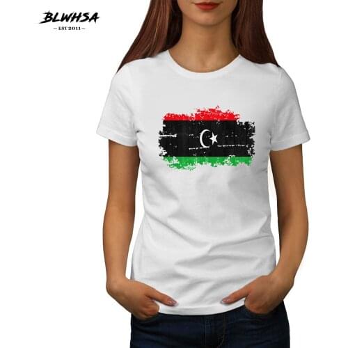BLWHSA Libya National Flag Design T shirts For Women Short Sleeve Cotton Shirts Libya Fans Cheer Casual Tops Tees
