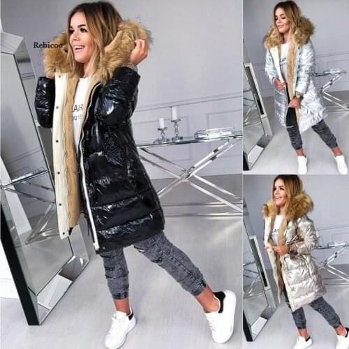 Womens Winter Jacket Warm Cotton Padded Elegant Female Clothing Zipper Outerwear Quilted Parka Oversized Faux Fur Hooded Coat