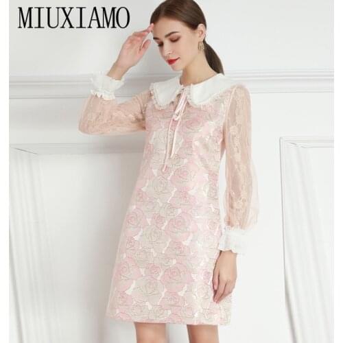 MIUXIMAO 2021 Spring Summer Newest Beaded Collar Lace Long-sleeved Pink Elegant Fashion Casual Dress Vestidos Women