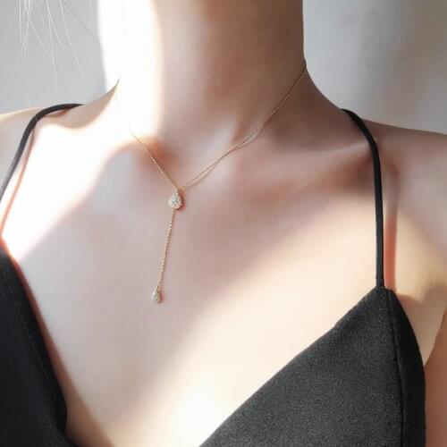 New 925 Sterling Silver Full Zircon Droplets Necklace Layer Long Pendant Geometric For Women Wedding Gift Fine Accessories NK050