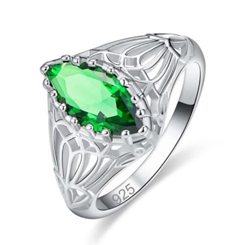 New Silver Color Hollow Engraving Blue Green Crystal Zircon Water Drop Ring for Women Party Jewelry Female Rings Wholesale