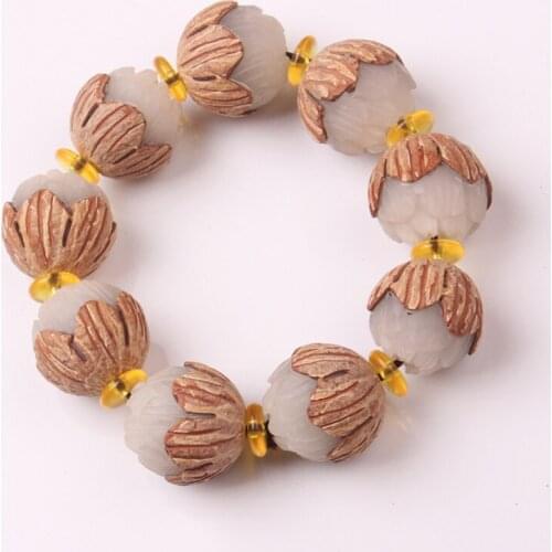 Wholesale White Natural Bodhi Carved Lotus Flower Bracelets For Women Men Tibetan Buddhism Wooden Handmade Bracelet Jewelry
