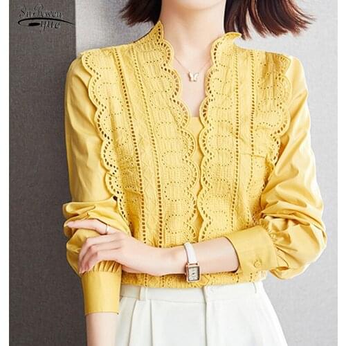 Autumn Long-sleeved Solid V-neck Shirt Lady Lace Chic Blouse Woman Elegant Hedging Casual Shirt Woman Blusas Mujer De Moda 16373