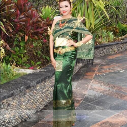 Thailand traditional national clothing womens green shawl imported fabric sleeveless Costume Water Splashing Festival clothes