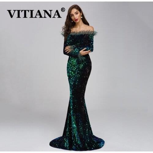 VITIANA Women Floor-Length Sexy Party Dress Female Elegant Sequined Off Shoulder Feathers Long Dresses Femme Blingbling Vestidos