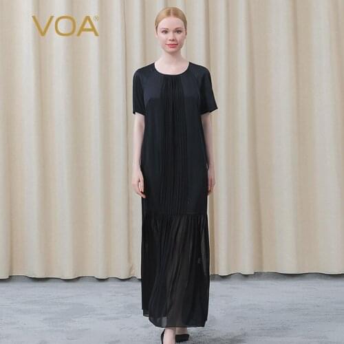 VOA Silk Elastic Twill Round Neck Short Sleeve Fold Bump Georgette Stitching Loose Ripe Female Black Dress for Women AE883