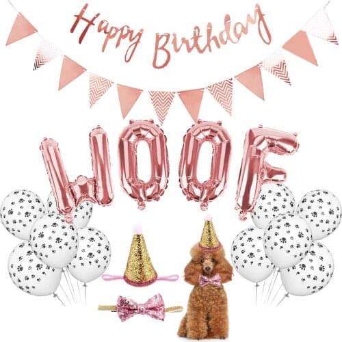Dog Birthday Party Rose Gold WOOF Letter Foil Balloons Paw Print Latex Ball Pet Birthday With Hat Happy Birthday Banner Supplies