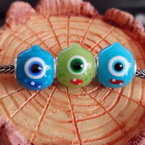 Factory Own Design Silver Big Hole Murano Glass Bead Fit Original European Charm Bracelet Green Eyes Round Charm Beads New