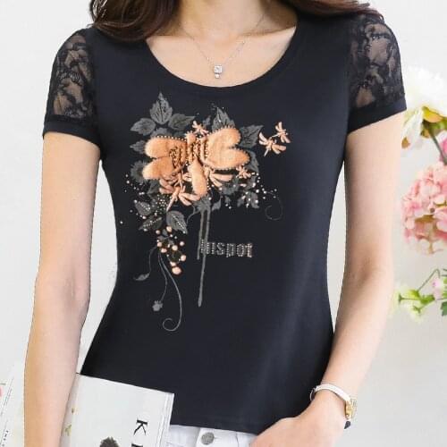 Plus Size T-shirt Women Tops Summer 2021 Lace Floral Print Short Sleeved Tee Shirt Casual Female T Shirt XXXL Vetement Femme