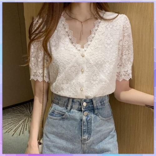 Womens Chiffon T-shirt Summer White Top Lace T-shirts Female 2021 Plus Size French V-neck Thin Tops Short Sleeve Tshirt