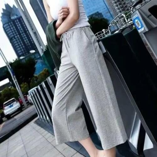 Cotton Cropped Trousers Womens Summer Thin Wide-leg Pants High-waist Loose Casual Straight-leg Pants Sports Pants