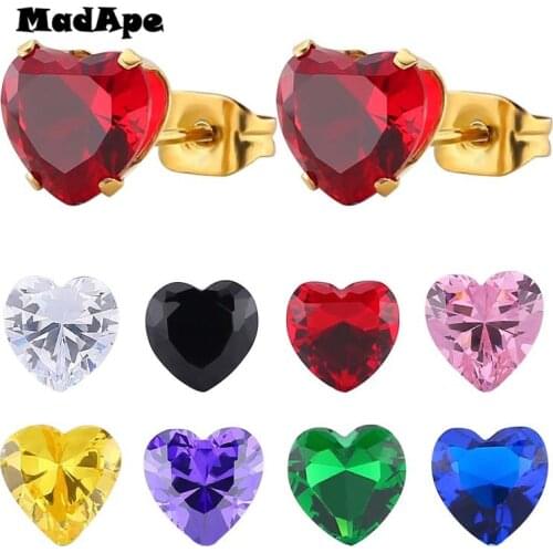 MadApe Gold Color 316L Stainless Steel Multicolor Zircon Heart Earrings For Women Classic Small Stud Earrings Fashion Jewelry