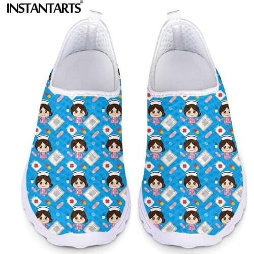 INSTANTARTS Cute Nurse Girls Cartoon Pattern Femme Mesh Sneaker Lightweight Slip-on Casual Flat Shoes Breathable Women Zapatos
