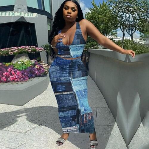 Women Skirts Two 2 Piece Set Fashion Streetwear Print Sleeveless Cleavage Tank Top and Ankle Length Maxi Skirt Classic Clothes