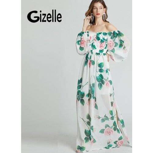 Gizelle High Quality Runway Fashion Rose Flower Print Maxi Long Dress Women Party Evening Dresses Lantern Sleeve Chic Elbise