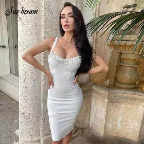 Women Sexy Sleeveless White Black Crystal Diamonds Tassel Mini Bodycon Bandage Dress 2021 Elegant Evening Party Dress Vestidos