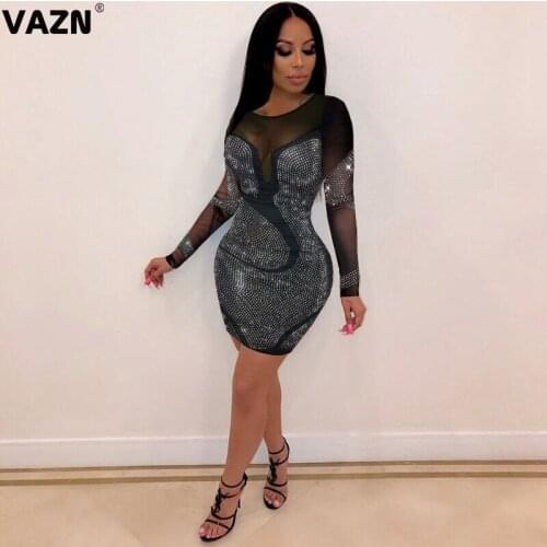VAZN New Sequins Glitter O-neck Elegant Fashion Mujer Chic Ladies Slim Holiday Shinny Dress 2020 Full Sleeve Lady Mini Dress