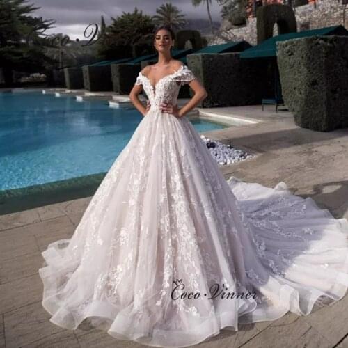Sexy V neck Court Train Wedding Dress Europe 2021 New Beautiful Embroidery Appliques A line Wedding Dresses Arab W0895