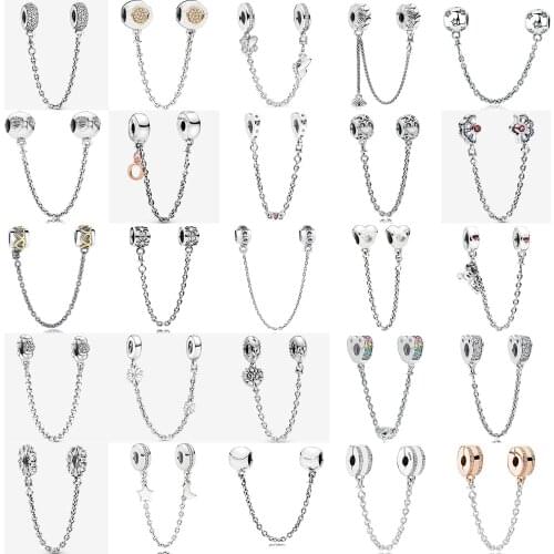 Silver 925 Sparkling Clear Sparkle Flower Safety Chain Charm Bead Fit Original Pandora Bracelet Pendant DIY Jewelry For Women