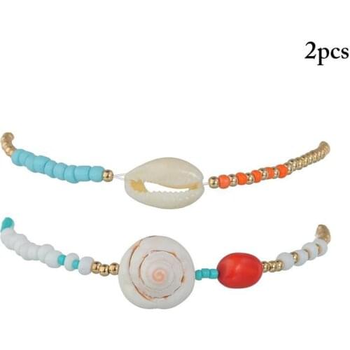2Pcs Women Anklet Bohemian Style Shell Decor Ankle Charm Bracelet Beaded Anklet Jewelry Accessories Hawaii Beach Party Dress Up
