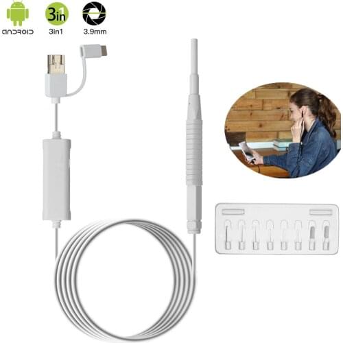 Endoscope Camera 3.9mm 1.3MP Mini 3 in 1 Ear Cleaning USB Endoscope LED Visual Ear Spoon Otoscope Camera TYPE-C android windows