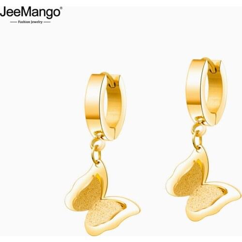 JeeMango Fashion Frosted Double-layer Butterfly Earrings For Women Titanium Steel Rose Gold Color Female Hoop Earrings JE17084