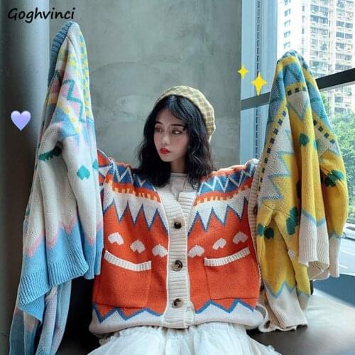 Cardigans Women Printed V-Neck Single Breasted All-match Loose Student Sweet All-match Daily Knitting Warm Girls Chic Ulzzang