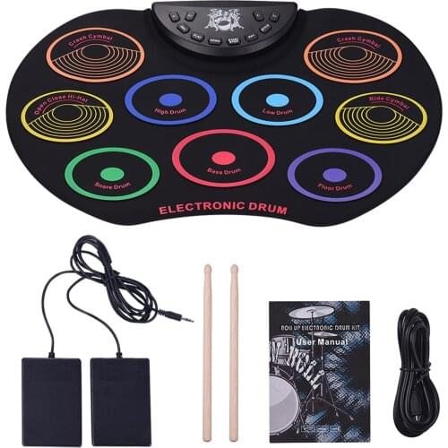Compact Size Roll-Up Drum Set Electronic Drum Kit 9 Silicon Drum Pads USB/Battery Powered with Drumsticks Foot Pedals for Kids