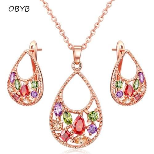 Colorful Crystal CZ Necklace Earrings Sets High Quality Cubic Zircon Water Drop Small Pendant Hoop Earrings Wedding Jewelry Sets
