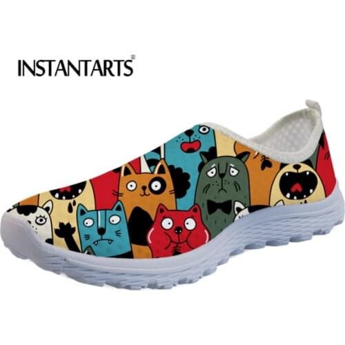 INSTANTARTS Women Summer Slip On Flats Shoes Cartoon Sneakers Cute Cats Puzzle Printed Casual Comfort Breathable Shoes for Girls