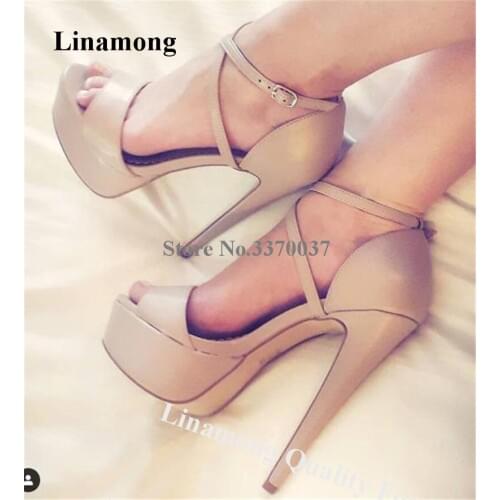Linamong Women Elegant Open Toe Nude Leather High Platform Stiletto Heel Sandals Ankle Straps High Heel Sandals Club Dress Shoes