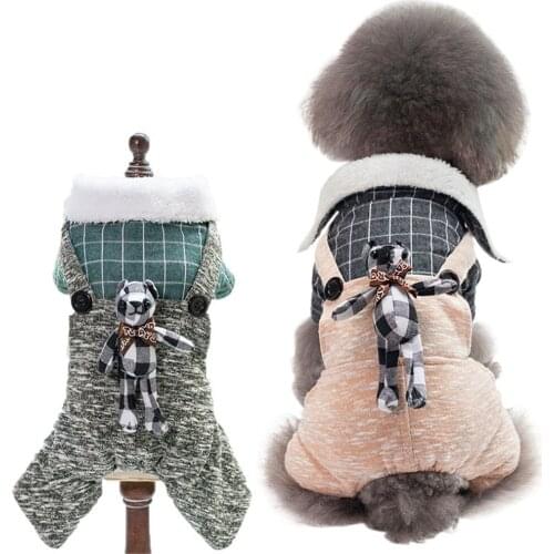 Sweet Plaid Pet Overalls Winter Warm Dog Jumpsuits Cute Rabbit Puppy Four Legs Clothes Teddy Chihuahua Plush Coat Apparel S-XXL