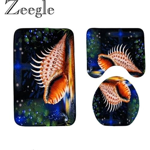 Conch Printed Bathroom Bath Mat Set Toilet Carpet Polyester Non-Slip Bath Rug Set Toilet Lid Cover Shower Room Rug Floor Mats
