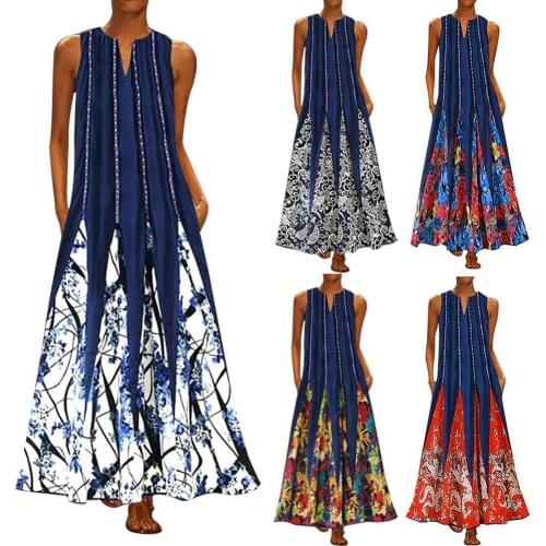 Hot Sales!! Plus Size Vintage Striped Floral Print Women V Neck Sleeveless Loose Maxi Dress