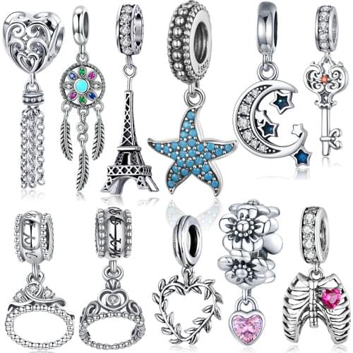 BISAER Starfish Moon Charms 925 Sterling Silver Summer Sea Starfish Moon STARS Pendants Charms Fit Bracelet Beads Jewelry Making