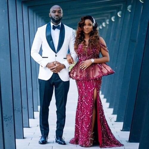 Stunning Burgundy Side Split Mermaid Evening Dresses Off the Shoulder Lace Beading Ruffles Waist Special Occasion Dress