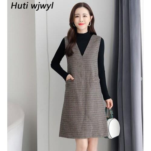 Sweater+Woolen Dress Winter Vintage Two-piece Suit 2021 Autumn Casual Women Vest Dress Sweater Party Bodycon Warm Plaid Vestidos
